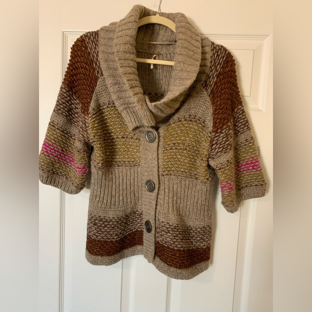 Free People Multicolor Chunky Knit Sweater Cardigan, Brown and Tan, Size Large‎